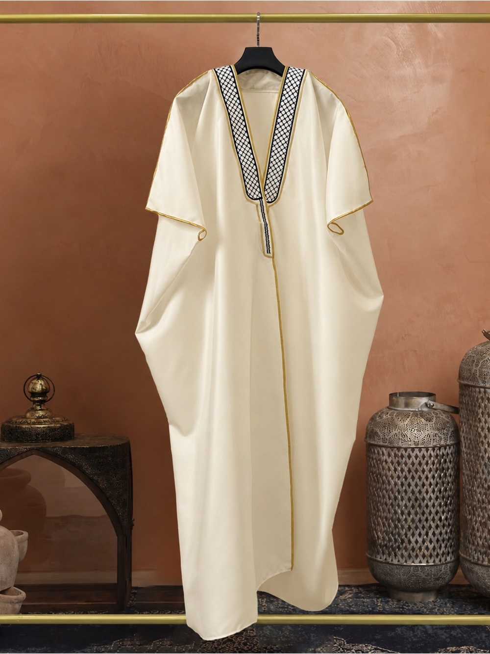 Elegant Cream Kaftan with Gold trim and Keffiyeh design